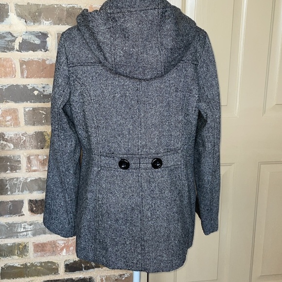 Croft & Barrow Tweed Wool Hooded Pea Coat Jacket Double Breasted Gray Black Med - Picture 3 of 13